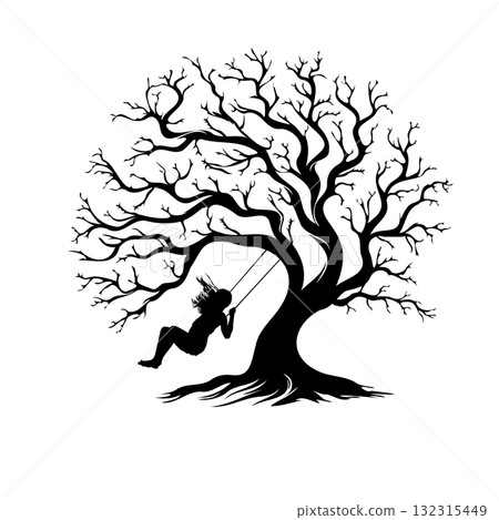 Girl riding on a tree swing silhouette. vector illustration. hand drawn. Not AI Girl riding on a tree swing silhouette. vector illustration. hand drawn. Not AI 132315449