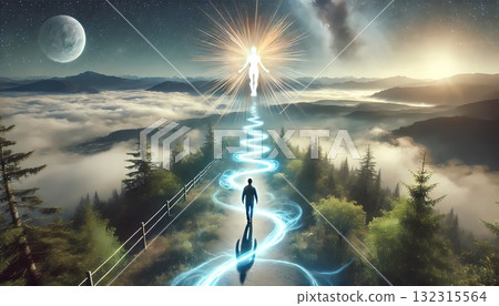 一個男人在更高自我的指引下行走。精神和心理層面的內容。 一個男人在更高自我的指引下行走。精神和心理層面的內容。 132315564