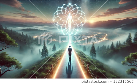 一個人在更高自我的指引下,走在人生的道路上。為了心理學和精神層面。 一個人在更高自我的指引下,走在人生的道路上。為了心理學和精神層面。 132315565