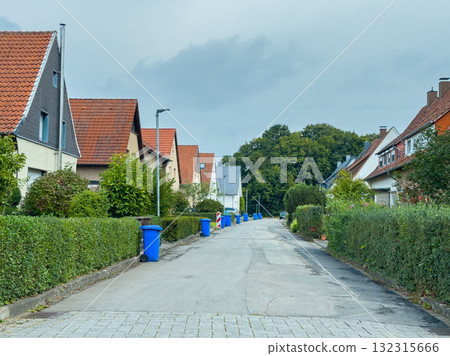 Quiet residential street lined with houses and blue trash bins on a cloudy day Quiet residential street lined with houses and blue trash bins on a cloudy day 132315666