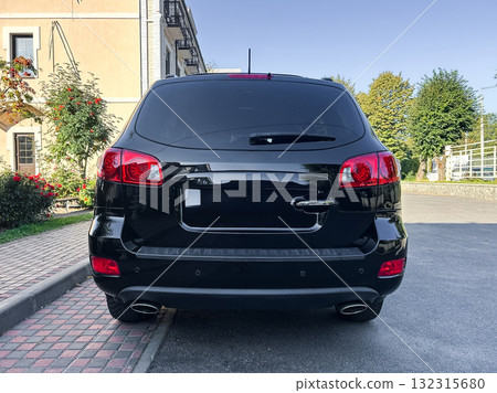 Elegant black SUV parked on a quiet street with lush greenery and vibrant flowers in the background during a sunny afternoon Elegant black SUV parked on a quiet street with lush greenery and vibrant flowers in the background during a sunny afternoon 132315680