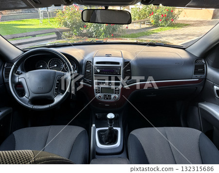 Inside view of a stylish car interior showcasing comfort and modern design during a sunny day in a vibrant garden setting 132315686