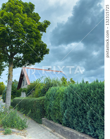 Lush greenery surrounding a serene home under an overcast sky in a quiet neighborhood during the afternoon Lush greenery surrounding a serene home under an overcast sky in a quiet neighborhood during the afternoon 132315725