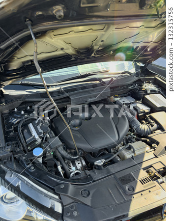 Engine bay of a modern vehicle showcasing intricate machinery and components under the sunlight in a parking lot setting Engine bay of a modern vehicle showcasing intricate machinery and components under the sunlight in a parking lot setting 132315756