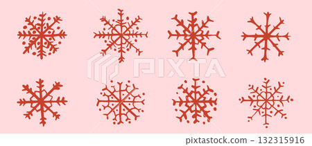 Hand painted doodle vector snowflakes on pink background for Christmas holiday designs 132315916