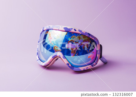 Mirror ski goggles with a world map design on the lenses, concept of global travel and winter adventure 132316007