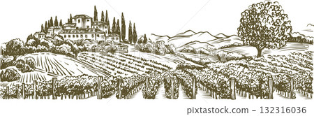 Tuscan Countryside Landscape Vintage Vector Illustration Tuscan Countryside Landscape Vintage Vector Illustration 132316036