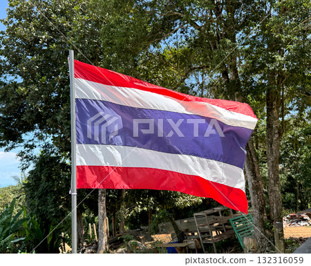 Thailand national flag waving outdoors against a forest background. Symbol of Thai identity, culture, and patriotism. Thailand national flag waving outdoors against a forest background. Symbol of Thai identity, culture, and patriotism. 132316059