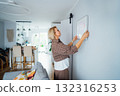 Side view middle aged woman putting painting picture in frame on the wall. Casual lady taking care of coziness in her new stylish apartment. Mature female decorating room. Moving and renovate house 132316253