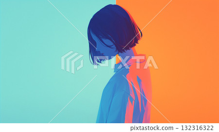 "Generative AI" illustration of a woman standing on a two-tone blue and red background 132316322