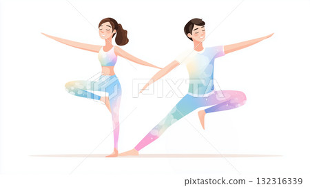 一對夫婦在白色背景上做瑜伽姿勢的健康清爽插圖“生成人工智能” 132316339