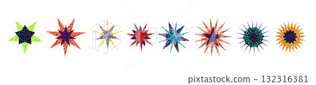 Glitter star stickers with layered sequin textures in green, blue, red, gold, and purple. Shiny confetti sparkle effect in mixed geometric star shapes. Vector design for crafts, party decor Glitter star stickers with layered sequin textures in green, blue, red, gold, and purple. Shiny confetti sparkle effect in mixed geometric star shapes. Vector design for crafts, party decor 132316381