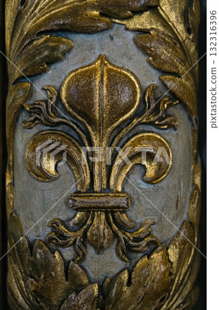 Painted acorns and leaves Small portion of Early 19th century painting. Filigree painted fleur de lis, flower of the valley. In gold paint with shadows on blue gray. French origin in photograph of 132316396