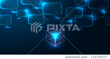 AI computing and digital infrastructure with glowing data cube and communication speech bubbles AI computing and digital infrastructure with glowing data cube and communication speech bubbles 132316527