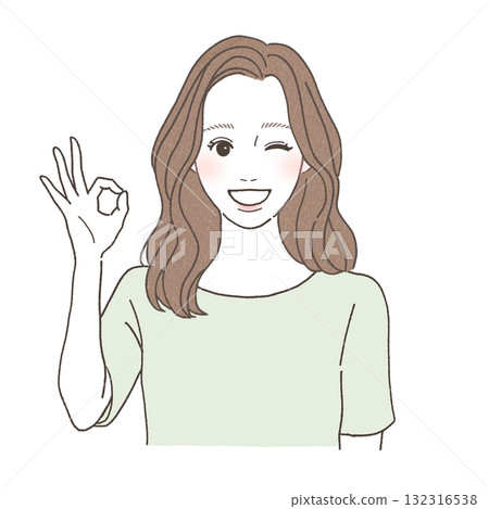 Illustration of a smiling woman making an OK sign and winking | Positive, bright, and forward-looking character material 132316538