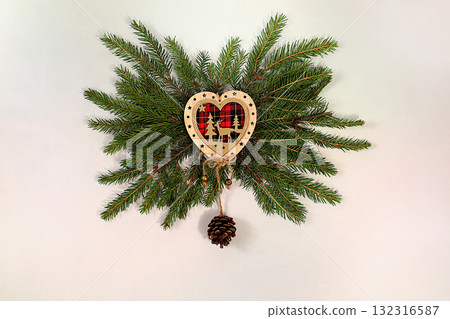 Beautiful holiday decoration isolated on bright background, Christmas template for design, Christmas composition and New Year 2026 concept, winter screen banner, holiday advertising mockup 132316587