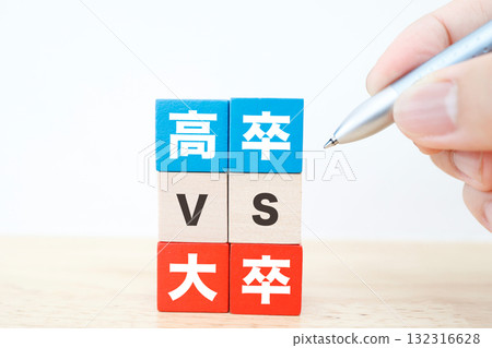 A comparison between high school graduates and university graduates. Symbolizes the academically-oriented society and career gaps. A comparison between high school graduates and university graduates. Symbolizes the academically-oriented society and career gaps. 132316628