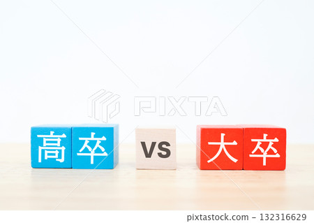 A comparison between high school graduates and university graduates. Symbolizes the academically-oriented society and career gaps. A comparison between high school graduates and university graduates. Symbolizes the academically-oriented society and career gaps. 132316629