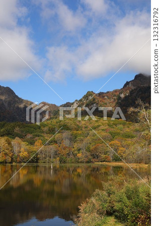 Mountains and sky with autumn leaves 132316792