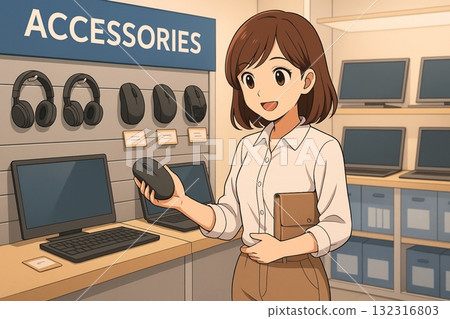 一位女士在電腦配件店挑選滑鼠。動漫風格插畫 一位女士在電腦配件店挑選滑鼠。動漫風格插畫 132316803