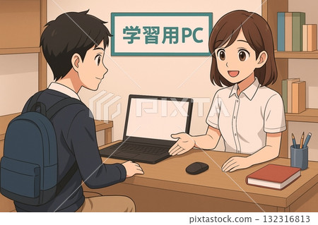 工作人員向學生展示如何使用電腦學習 - 動漫風格插圖 工作人員向學生展示如何使用電腦學習 - 動漫風格插圖 132316813