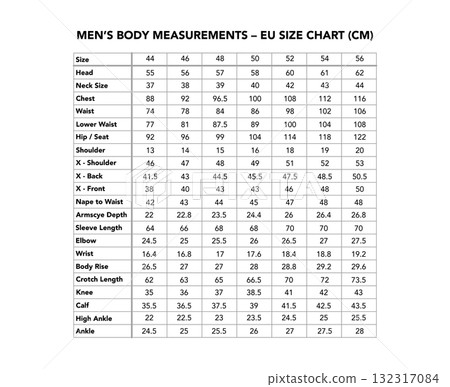 Men EU size chart in centimeters for chest, waist, hip, shoulder, sleeve, height. Comprehensive tailoring, sewing 132317084