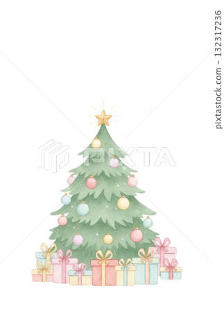 [聖誕卡，垂直]可愛的水彩粉彩聖誕樹和禮物插圖模板 132317236