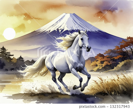 白馬與富士山的夢幻日出|日式馬年新年插畫 白馬與富士山的夢幻日出|日式馬年新年插畫 132317943