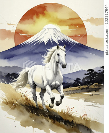 A fantastic sunrise over Hakuba and Mount Fuji | Japanese-style New Year's illustration for the Year of the Horse 132317944