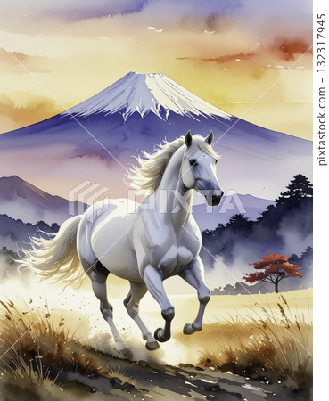 A fantastic sunrise over Hakuba and Mount Fuji | Japanese-style New Year's illustration for the Year of the Horse 132317945