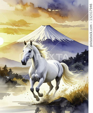 A fantastic sunrise over Hakuba and Mount Fuji | Japanese-style New Year's illustration for the Year of the Horse 132317946