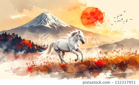 A fantastic sunrise over Hakuba and Mount Fuji | Japanese-style New Year's illustration for the Year of the Horse A fantastic sunrise over Hakuba and Mount Fuji | Japanese-style New Year's illustration for the Year of the Horse 132317951