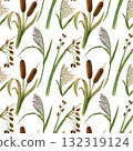 Seamless pattern of cattail, reed and rushes. Hand-drawn watercolor illustration. For textiles, fabrics, and wallpaper 132319124