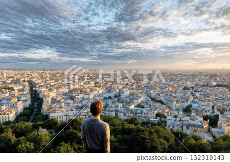 Expansive Urban Cityscape at Golden Hour with Clear Sky and Distant Horizon View 132319143