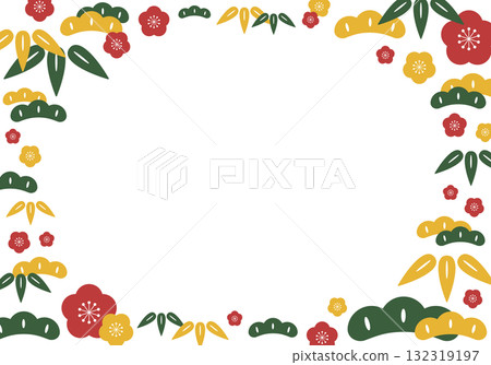 帶有鬆樹、竹子和梅花圖案(朱紅色、綠色和金色)的日式框架背景 帶有鬆樹、竹子和梅花圖案(朱紅色、綠色和金色)的日式框架背景 132319197