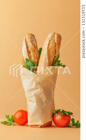Baguette long bread paper wrapped for take away in solid vertical story background Baguette long bread paper wrapped for take away in solid vertical story background 132319555