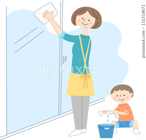 Parents and children cleaning windows Parents and children cleaning windows 132319671
