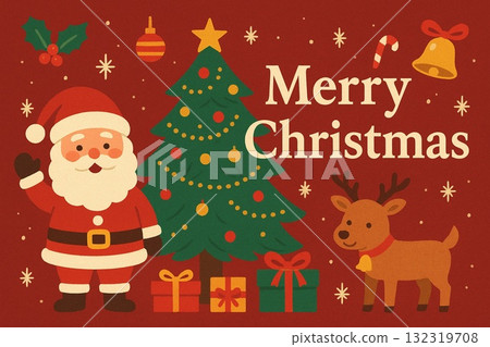 華麗的聖誕卡 | 聖誕老人、馴鹿和聖誕樹的溫馨插圖 華麗的聖誕卡 | 聖誕老人、馴鹿和聖誕樹的溫馨插圖 132319708