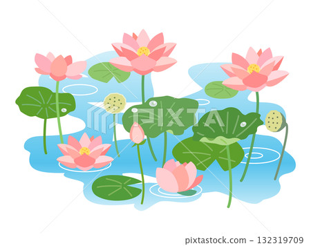 一幅插圖描繪了一個盛開的蓮花和睡蓮的池塘 一幅插圖描繪了一個盛開的蓮花和睡蓮的池塘 132319709
