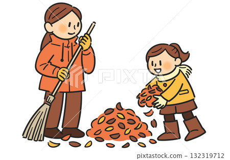 Mother and daughter sweeping fallen leaves 132319712