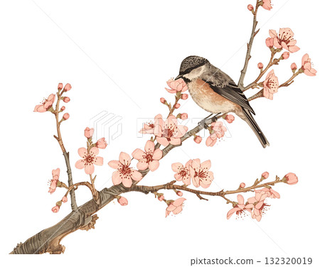 一隻可愛的野鳥棲息在櫻花枝上 132320019