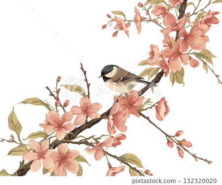 棲息在櫻花樹枝上的野鳥 132320020