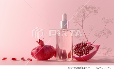 Blank transparent bottle serum liquid with pomegranate fruit and pink background 132320069