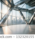 The interior space with glass curtain wall and steel structure offers a view of the city skyline 132320155