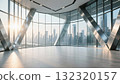 The interior space with glass curtain wall and steel structure offers a view of the city skyline 132320157