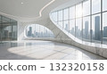 The interior space with glass curtain wall and steel structure offers a view of the city skyline 132320158