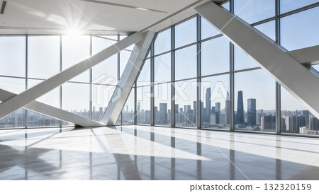 The interior space with glass curtain wall and steel structure offers a view of the city skyline 132320159