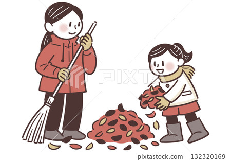 Mother and daughter sweeping fallen leaves (3 colors) Mother and daughter sweeping fallen leaves (3 colors) 132320169
