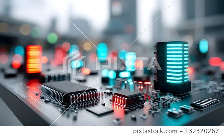 Colorful circuit board with illuminated components. Colorful circuit board with illuminated components. 132320267