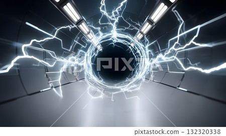 A futuristic tunnel leading to a glowing portal radiating electric energy, symbolizing advanced technology and scientific exploration in a visually striking design. A futuristic tunnel leading to a glowing portal radiating electric energy, symbolizing advanced technology and scientific exploration in a visually striking design. 132320338